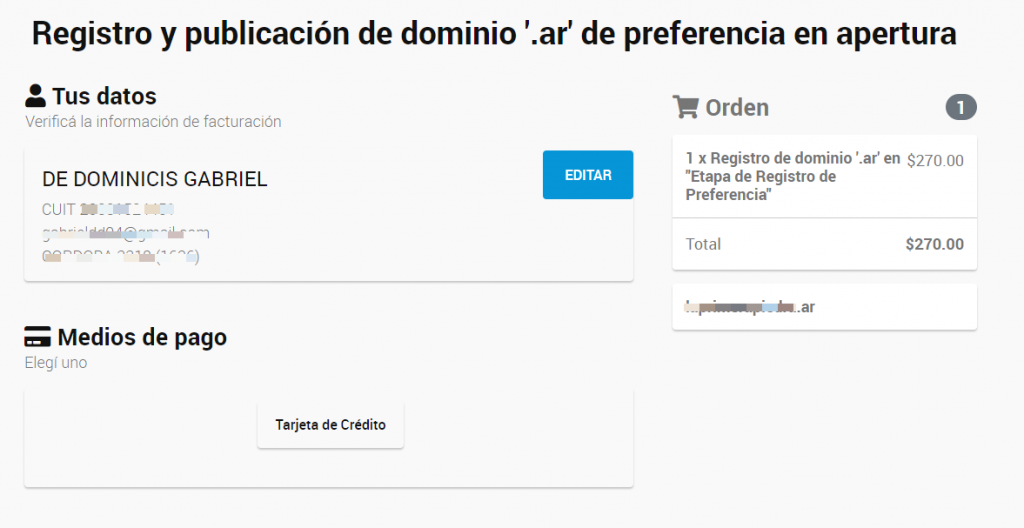 carrito de confirmación de la compra del .AR